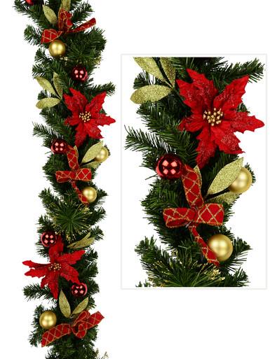 Red & Gold Garland With Poinsettias, Baubles Leaves & Gold Tips – 1.8m