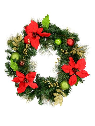 Red, Green & Gold Decorated Poinsettia & Bauble Wreath – 80cm