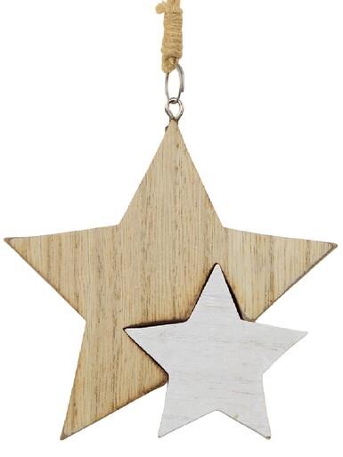 Natural & White Wooden Stars Christmas Tree Hanging Decoration – 10cm