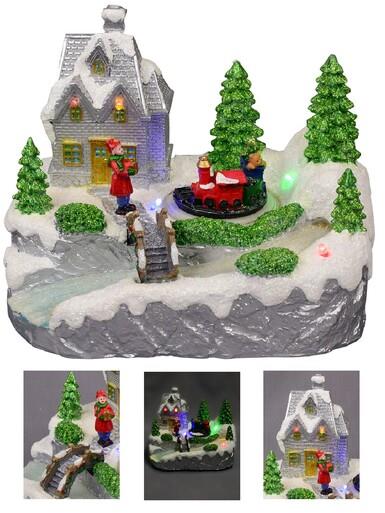 Home By The River & Train Christmas Scene With LED & Fibre Lights – 15cm