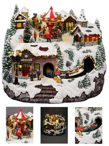 Northern Winter Christmas Village Scene With Rotating Train & Carousel – 26cm