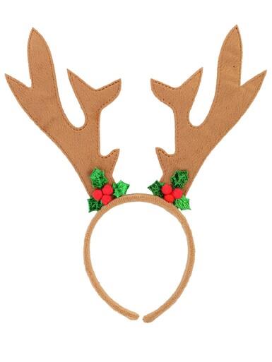 Brown Velvet Reindeer Antlers Headband With Mistletoe – One Size Fits Most