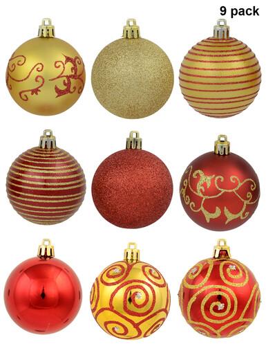 Various Red & Gold Baubles With Plain & Glittered Patterns – 9 x 60mm