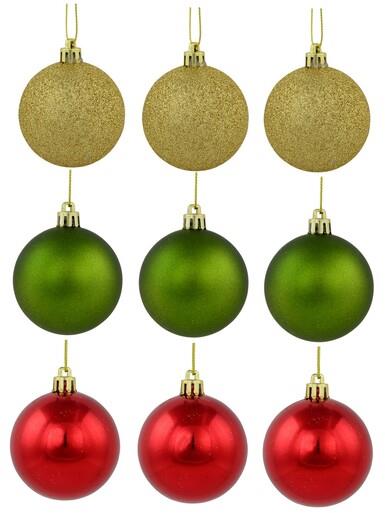 Red Metallic, Green Matte & Glittered Gold Christmas Baubles  – 27 x 60mm