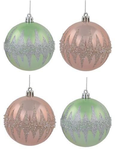 Pink & Mint Green Baubles With Silver Glitter & Frost Bits – 4 x 80mm