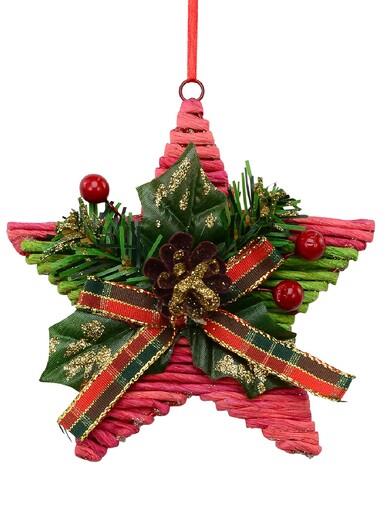 Red Twine Star With Green Foliage Christmas Tree Hanging Decoration – 12cm
