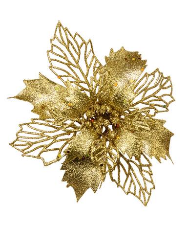 Gold Glitter Petal & Leaf Poinsettia Decorative Christmas Flower Pick – 18cm