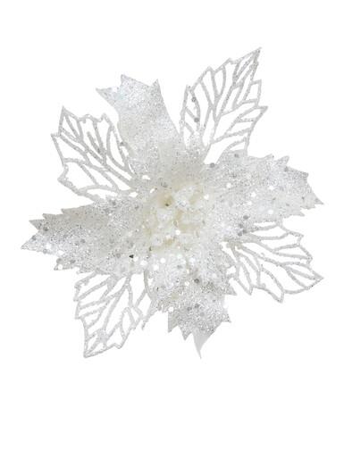 Iridescent Glitter Petal & Leaf Poinsettia Christmas Flower Pick – 18cm