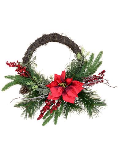 Pre-Decorated Wire Spun Wreath With Mixed Foliage & Red Poinsettia – 58cm