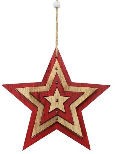 Natural & Red Layered Wood Star Christmas Tree Hanging Decoration – 15cm