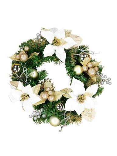 Decorated White Poinsettia, Mistletoe, Berries & Baubles Pine Wreath – 45cm
