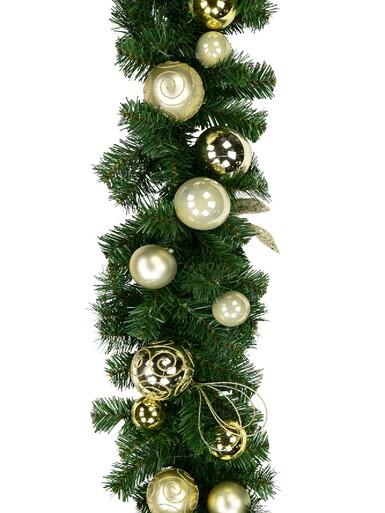 Decorated Gold & Champagne Bauble & Leaf Stem Pine Christmas Garland – 2.7m