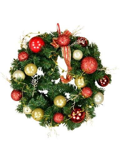 Decorated Red & Gold Bauble, Ribbon & Twigs Pine Wreath – 44cm