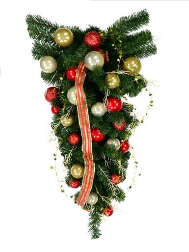 Decorated Red & Gold Bauble, Ribbon & Twigs Pine Teardrop Swag – 90cm
