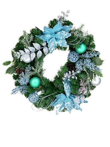 Decorated Blue Poinsettia, Pine Cone, Foliage & Baubles Pine Wreath – 45cm