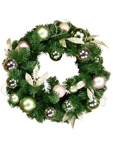 Decorated Pink & Mint Baubles, Whisker Loops & Leaf Stem Pine Wreath – 45cm