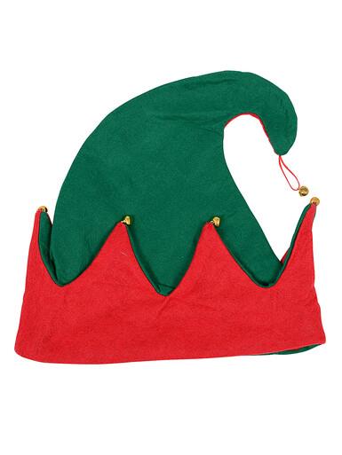 Red & Green Traditional Christmas Elf Hat With Jingle Bells – One Size Fits Most
