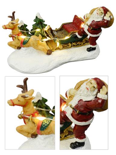 Santa, Sleigh & Reindeer With Illuminated Reins Resin Figurine – 12cm