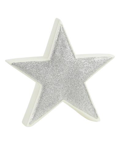 White With Silver Glitter Free Standing Star Ceramic Christmas Ornament – 14cm