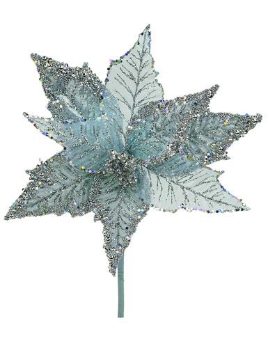 Luxe Blue Glittered Poinsettia Decorative Christmas Flower Pick – 22cm