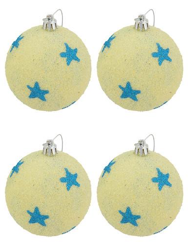 Sand Like Texture Baubles Decorated With Turquoise Stars – 4 x 75mm