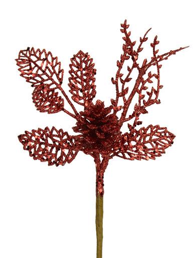 Red Pine Cone & Holly Leaf Pick – 10cm