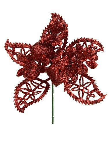 Red Glittered Decorative Leaf, present & berry Flower Pick – 14cm