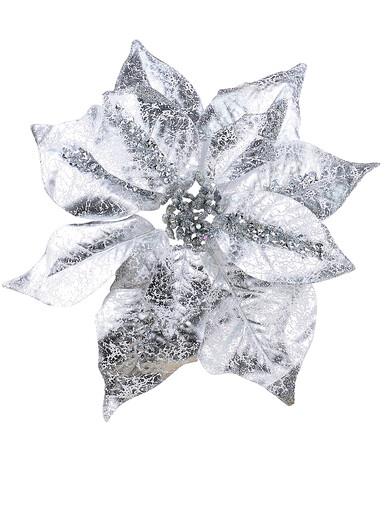 Silver With Sequins Poinsettia Decorative  Christmas Floral Pick – 28cm