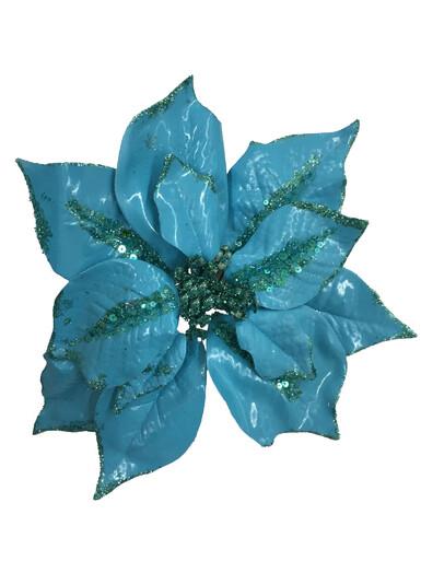 Turquoise With Sequins Poinsettia Decorative Christmas Flower Pick – 28cm