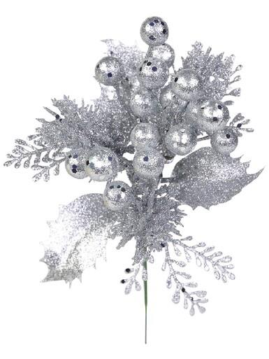 Silver Glittered Berry With Twigs & Leaves Christmas Foliage Pick – 20cm