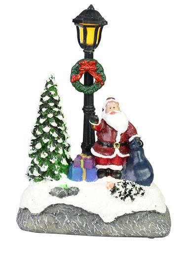 Illuminated Santa with Sack Under a Lamp Post Scene – 12cm