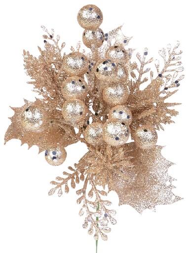 Rose Gold Glittered Berry With Twigs & Leaves Christmas Foliage Pick – 20cm