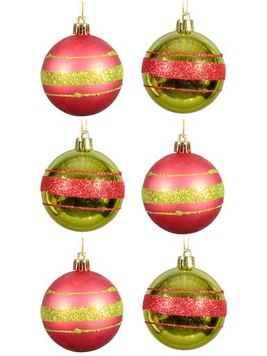 Red Matte & Green Metallic With Glitter Stripes Christmas Baubles – 6 x 60mm