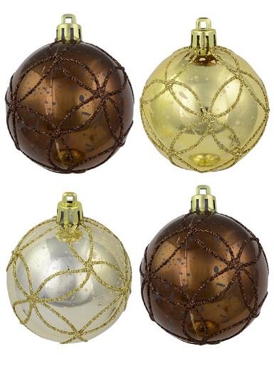 Brown, Gold & Ivory Speckled With Glitter Detail Baubles – 6 x 60mm
