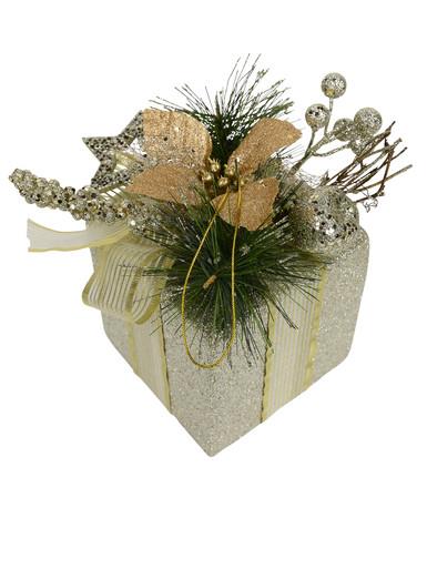 Gift Box Hanging Ornament in Champagne with Greenery – 17cm