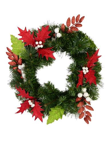 Green Pre-Decorated Wreath With Red & Green Leaves & White Berries – 47cm