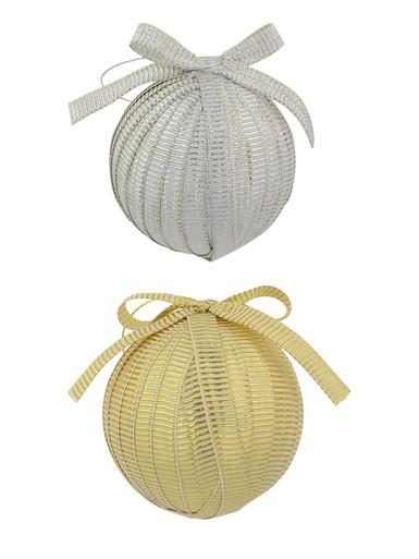 Silver & Gold Ribbon Covered Christmas Baubles With Bow – 2 x 80mm