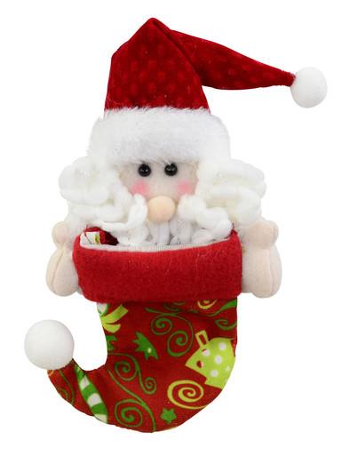 Red Stocking With Christmas Print & Santa Peeking Hanging Ornament – 18cm