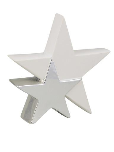 Standing Double Star In White With Silver Ceramic Christmas Ornament – 17cm