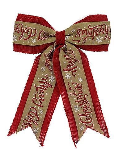 Merry Christmas On Natural & Red Hessian Christmas Bow Decoration – 35cm