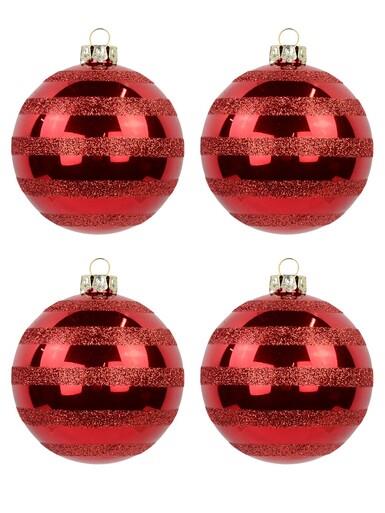 Festive Red Gloss Christmas Bauble Decorations With Glitter Stripes – 6 x 70mm