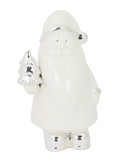 Ceramic Santa Standing Ornament in White Gloss & Silver – 17cm