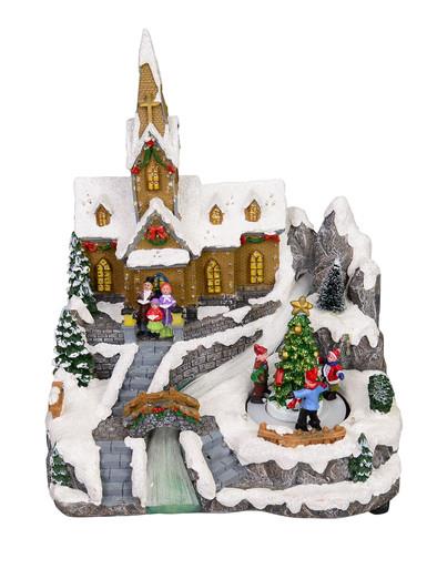 Snow Capped Church Village Scene With Moving Children & Led Lights – 25cm