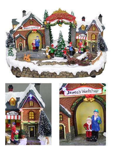 Christmas Village Scene With Santa’s Workshop & Moving Children – 33cm