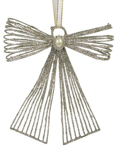 Silver Glitter Metal Ribbon Hanging Ornament With Pearl Embellishment – 12cm