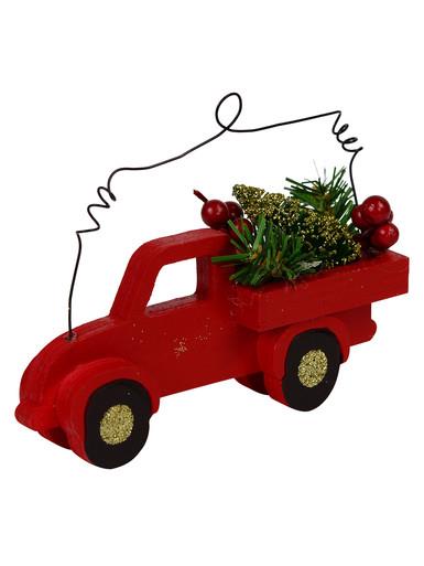 Red Wood Truck With Greenery, Pine Cone & Berries Hanging Ornament – 13cm