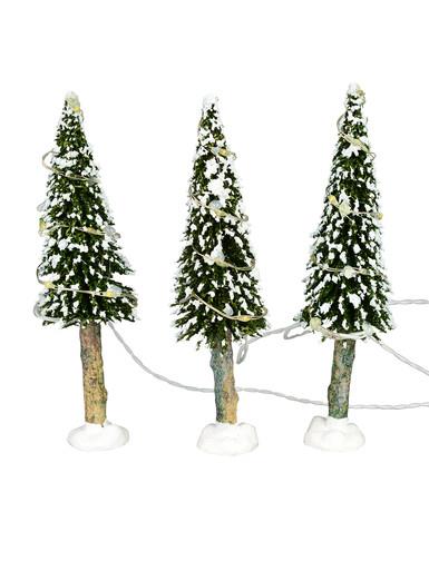 Snow Flocked Illuminated Pine Tree Christmas Village Figurines – 3 x 19cm