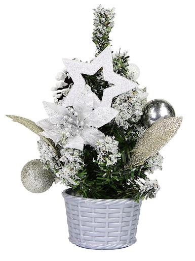 White Poinsettia & Silver Decorations Tabletop Christmas Tree Ornament – 18cm