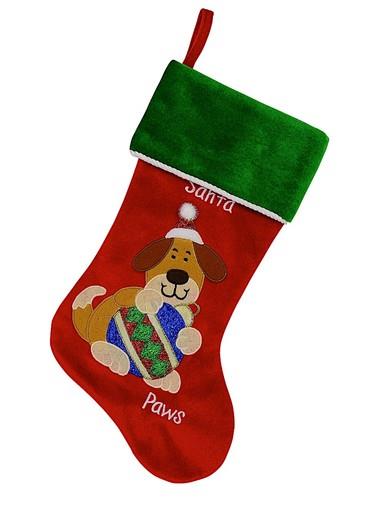 Red Velvet Santa Paws Christmas Stocking With Dog Embroidery – 40cm