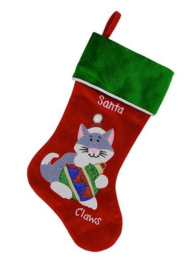 Red Velvet Santa Claws With Cat Embroidery Christmas Stocking – 40cm